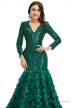 Sequins Mermaid Long V Neck Prom Dresses Full Sleeve