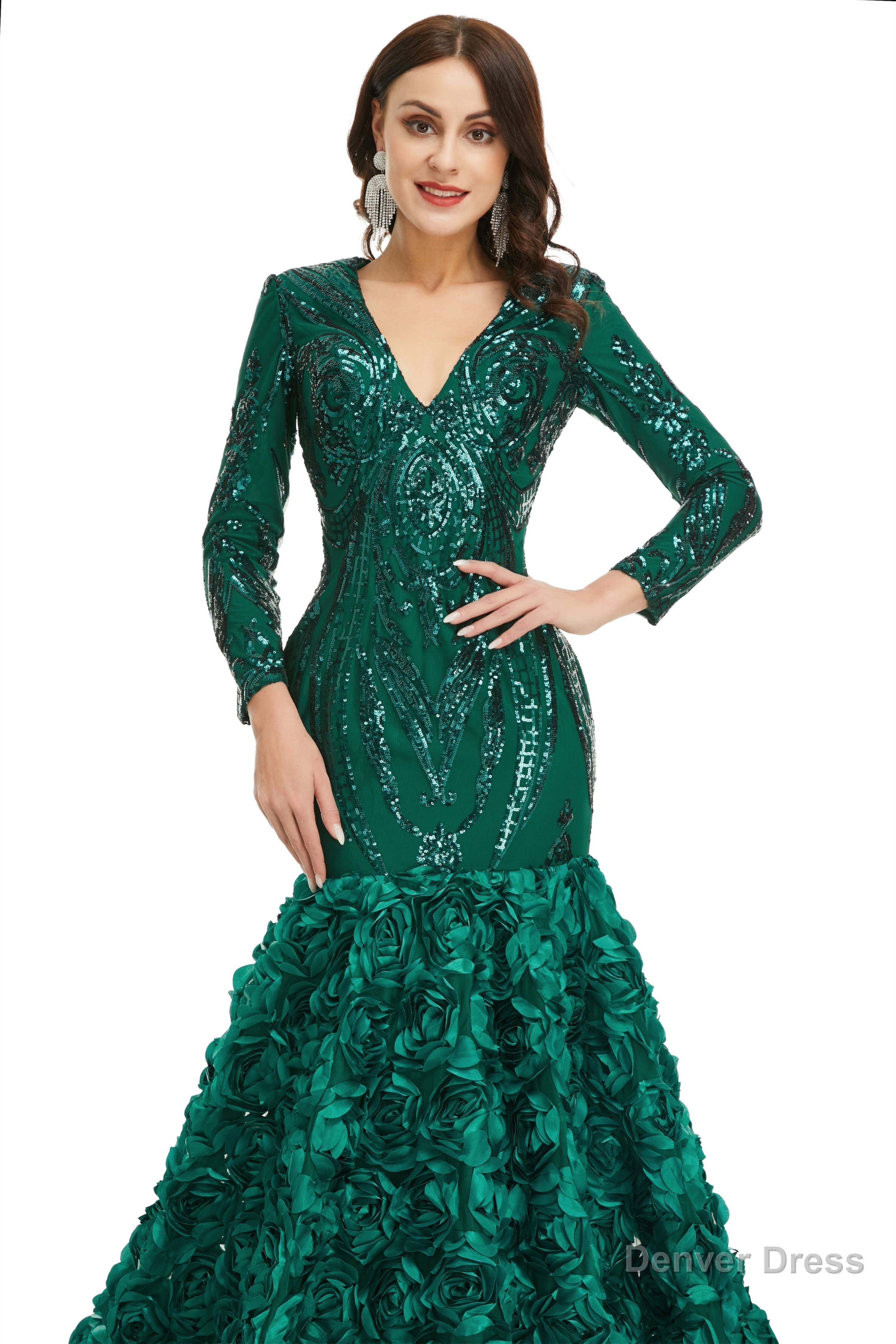 Sequins Mermaid Long V Neck Prom Dresses Full Sleeve