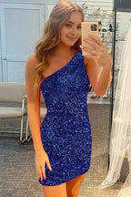 Green Sequins One Shoulder Tight Homecoming Dresses