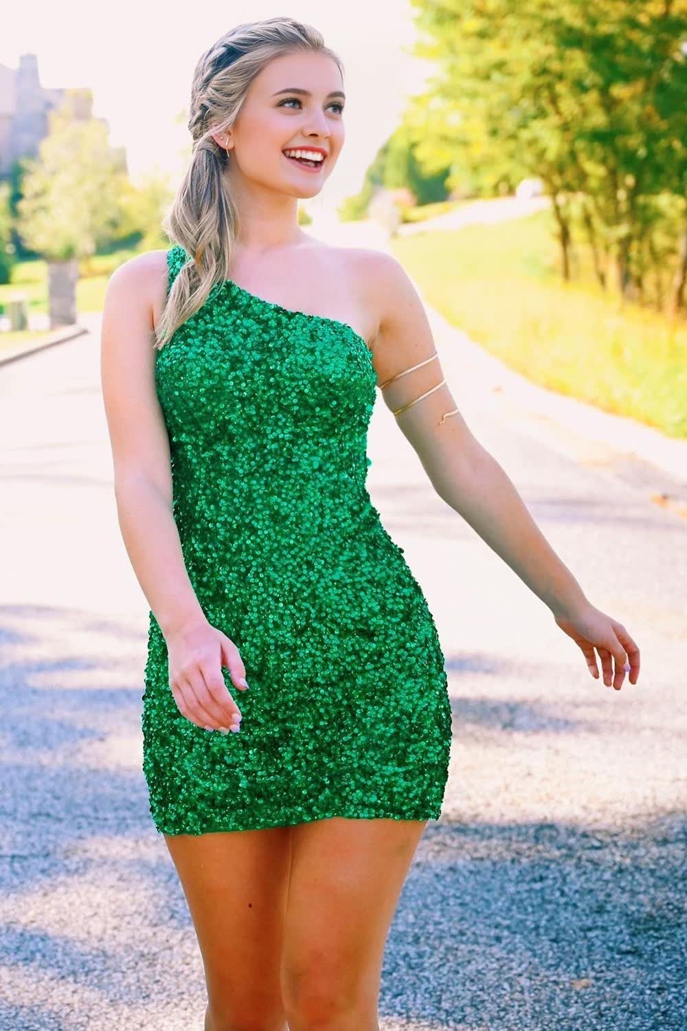 green sequins one shoulder tight homecoming dress