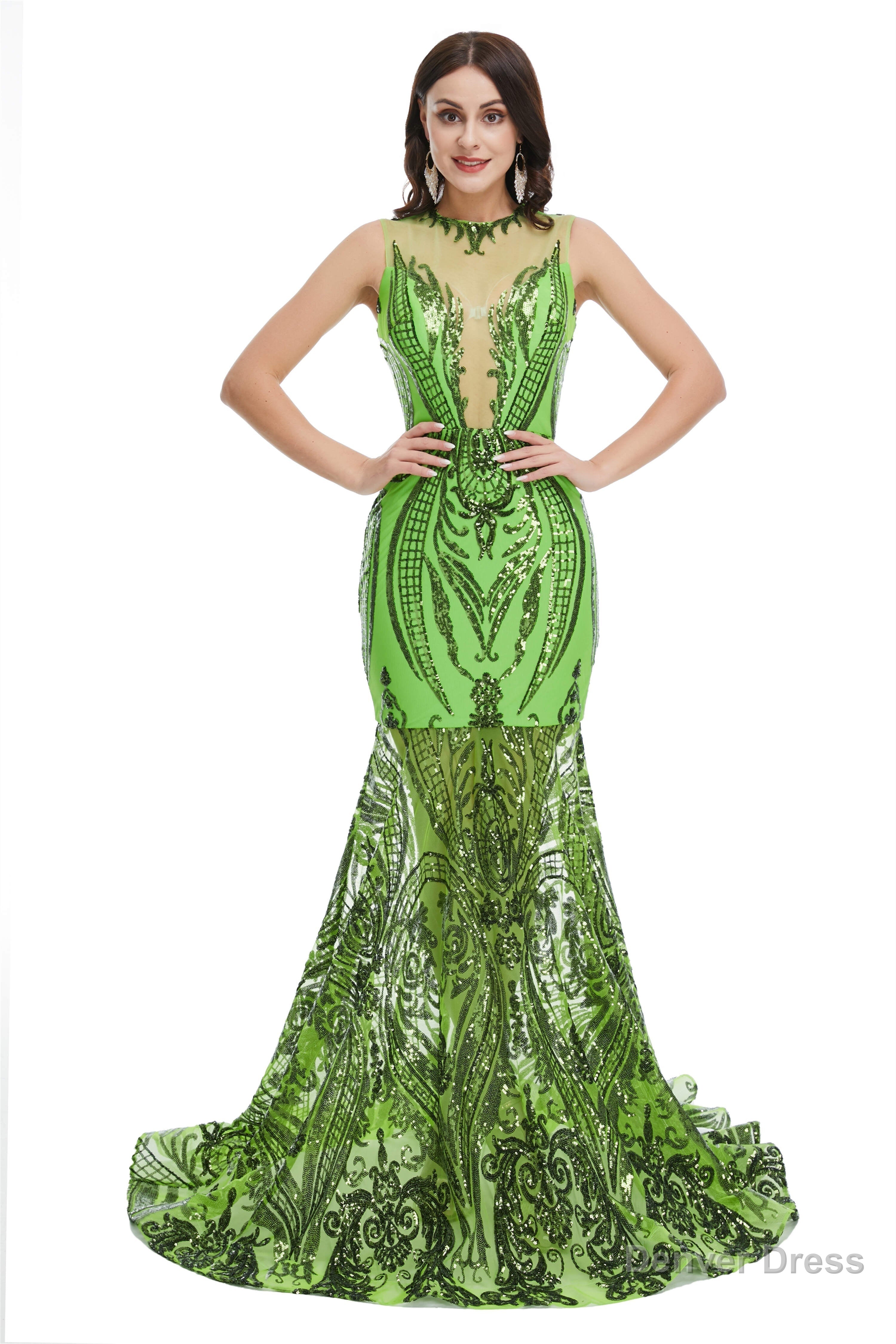 Sequins Sleeveless Floor Length Crew Neck Prom Dresses