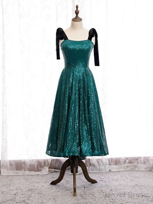 Green Sequins Straps Tea Length Prom Dresses Main image