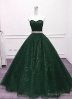 Green Shiny Tulle Beaded Sweetheart Prom Dress, Green Prom Dresses