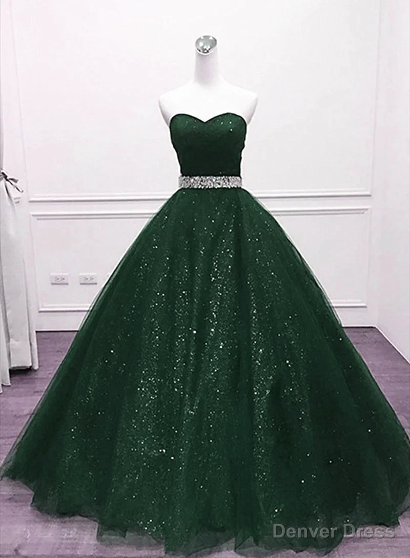 Green Shiny Tulle Beaded Sweetheart Prom Dress, Green Prom Dresses