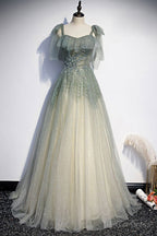 Green Shiny Tulle Long Formal Evening Dress, A-Line Graduation Dress