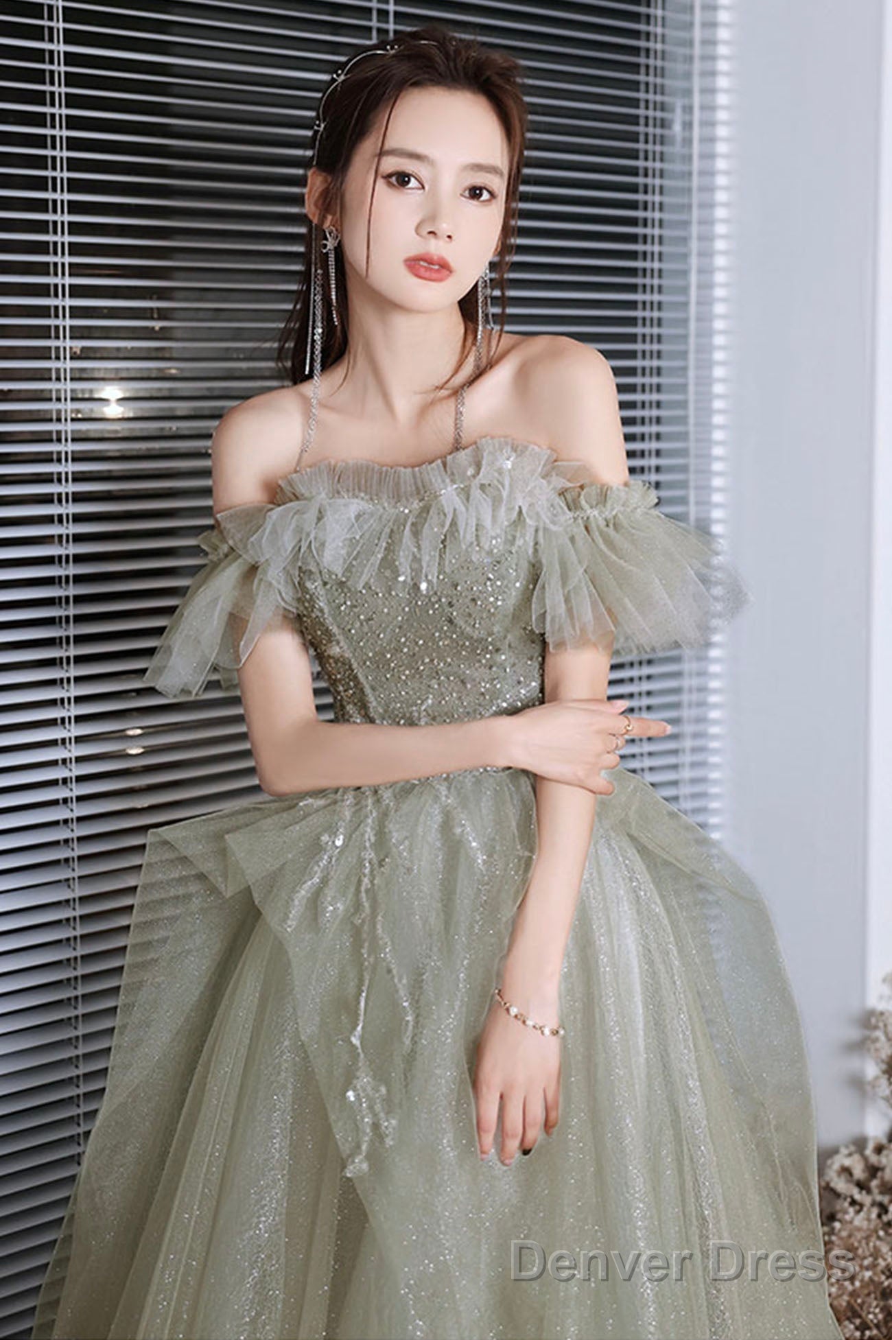 Green Shiny Tulle Long Prom Dress With Sequins, Green Evening Graduation Dress Secondary image