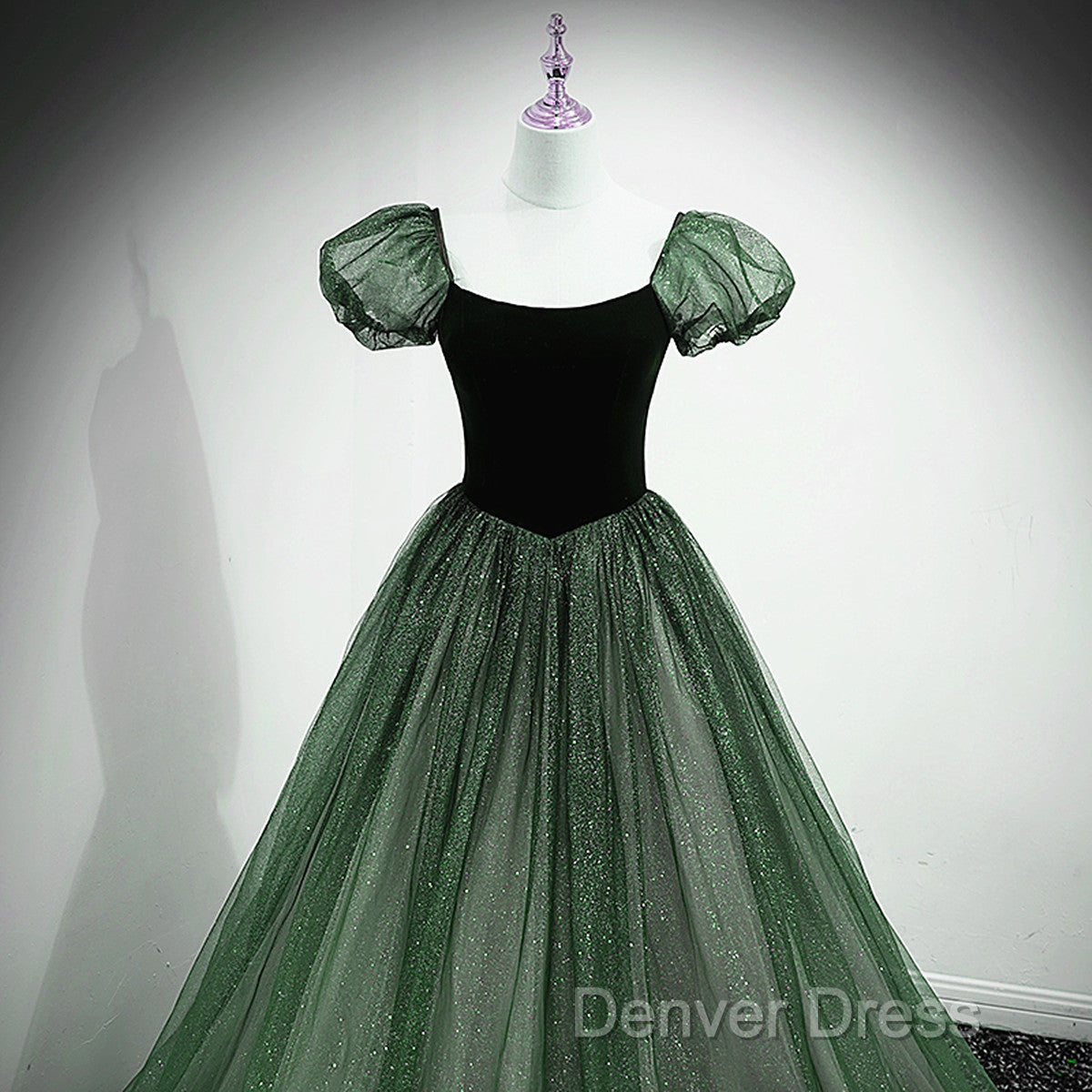Green Shiny Tulle Short Sleevse Long Formal Dresses, Green A-Line Prom Dresses Party Dresses Secondary image
