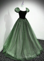 Green Shiny Tulle Short Sleevse Long Formal Dresses, Green A-Line Prom Dresses Party Dresses