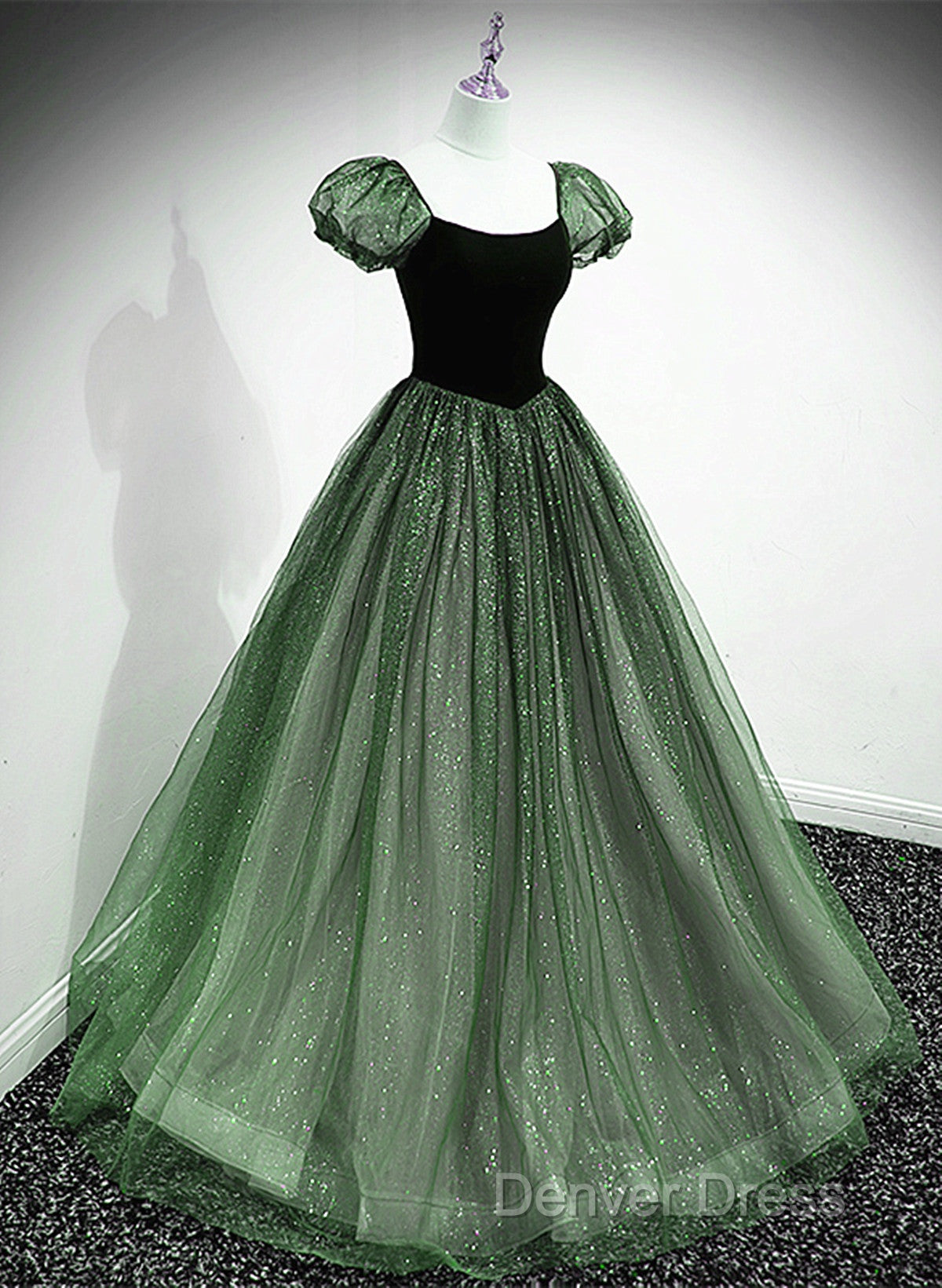 Green Shiny Tulle Short Sleevse Long Formal Dresses, Green A-Line Prom Dresses Party Dresses