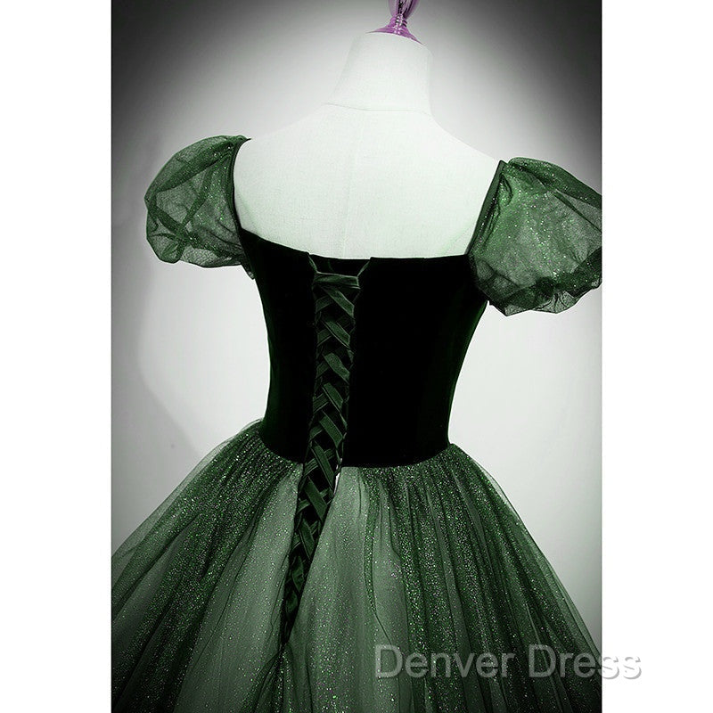 Green Shiny Tulle Short Sleevse Long Formal Dresses, Green A-Line Prom Dresses Party Dresses