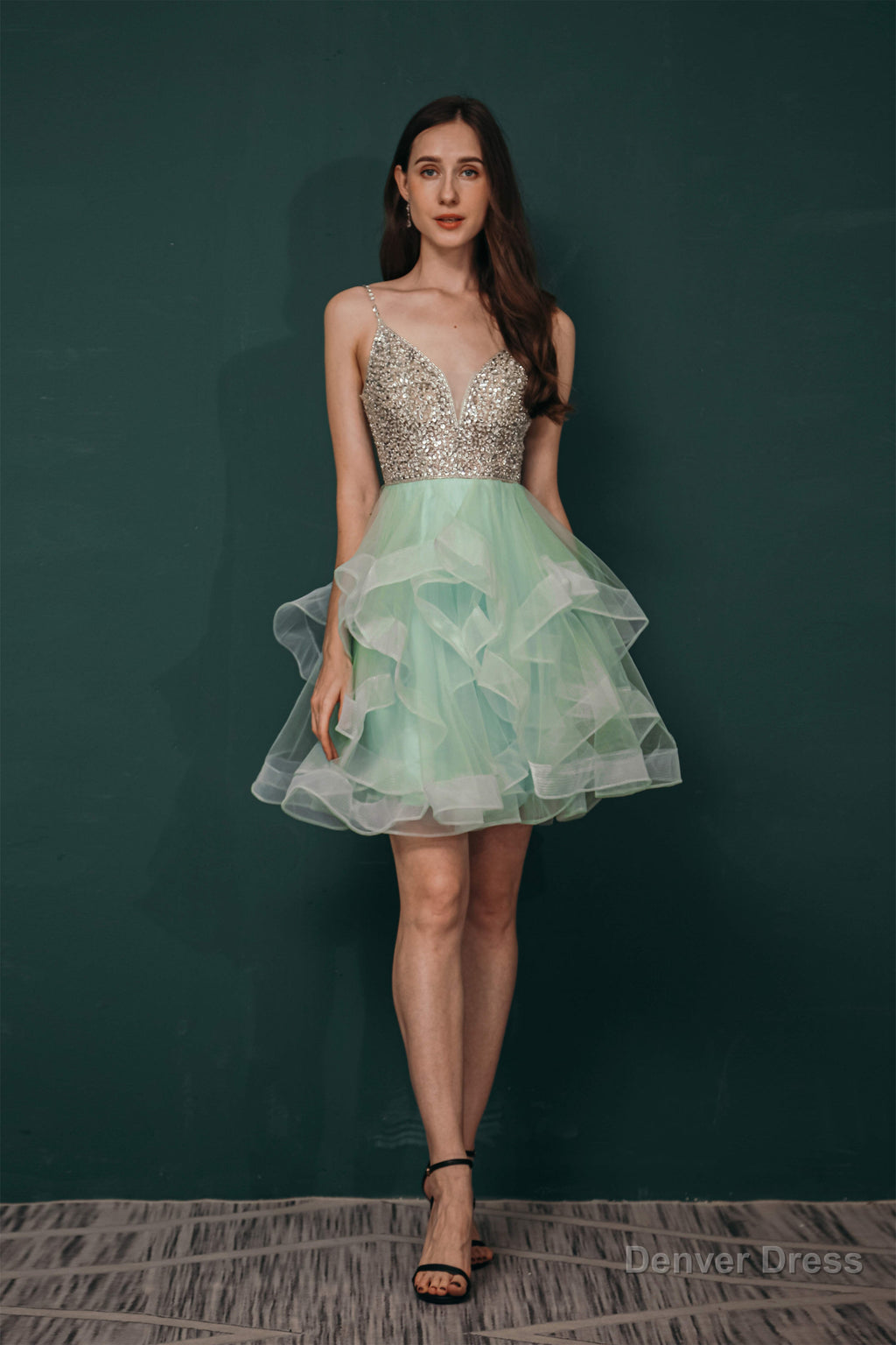 Short A Line V Neck Tiered Shiny Beads Crystal Homecoming Dresses