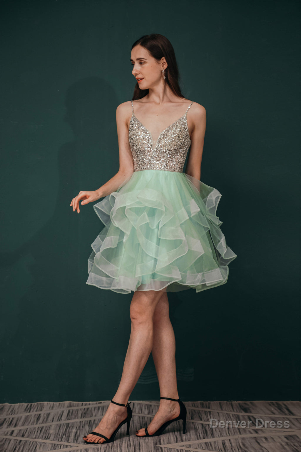 Short A Line V Neck Tiered Shiny Beads Crystal Homecoming Dresses