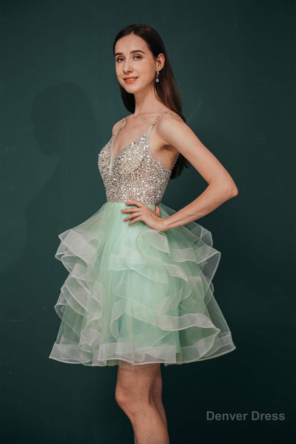 Short A Line V Neck Tiered Shiny Beads Crystal Homecoming Dresses