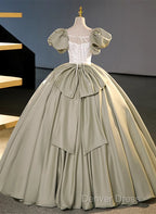 Green Short Sleeves Ball Gown Satin Long Party Dresses, Green Long Formal Dresses