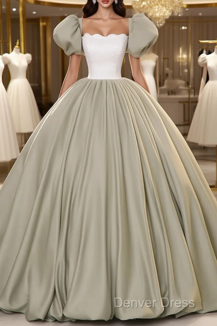 Green Short Sleeves Ball Gown Satin Long Party Dresses, Green Long Formal Dresses Main image