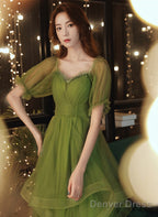 Green Short Sleeves Tulle Tea Length Wedding Prom Dress, Green Prom Dresses