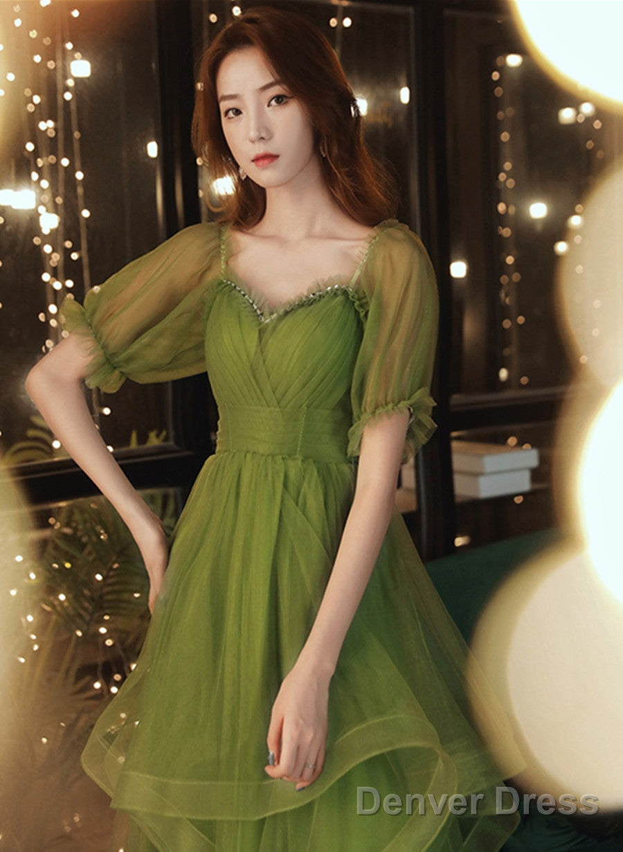 Green Short Sleeves Tulle Tea Length Wedding Prom Dress, Green Prom Dresses