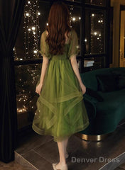 Green Short Sleeves Tulle Tea Length Wedding Party Dress, Green Prom Dress