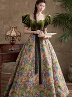 Green Short Sleeves Velvet Floral Long Prom Dress, Green A Line Prom Dresses