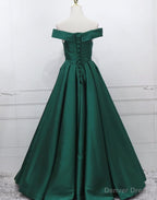 Green Simple Satin Off Shoulder Long Prom Dress Prom Dress, Green Prom Dresses