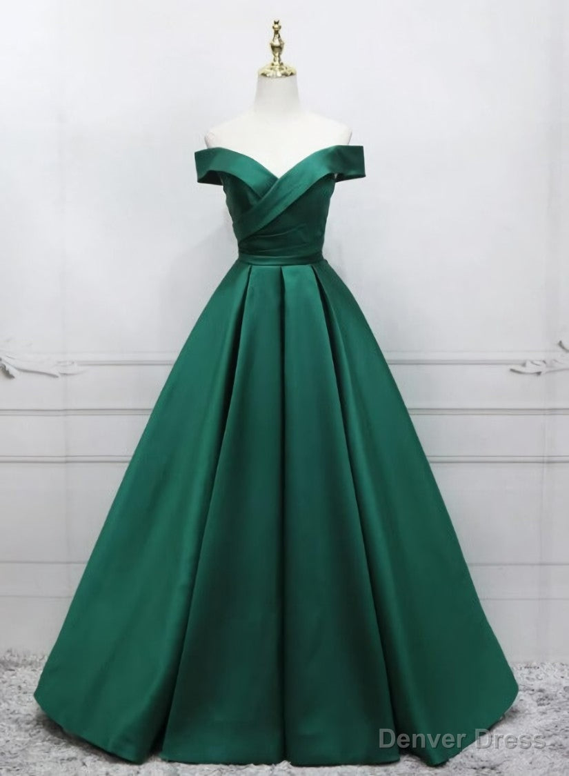 Green Simple Satin Off Shoulder Long Prom Dress Party Dress, Green Evening Dresses Main image