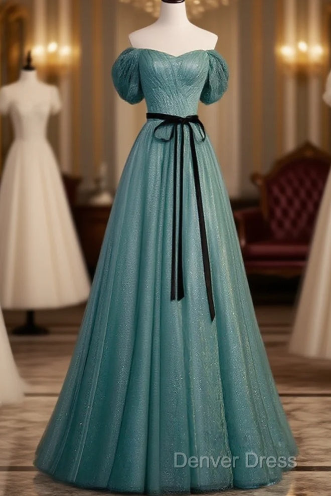 Green Simple Sweetheart Off Shoulder Long Party Dresses, Green Tulle Evening Dresses Main image