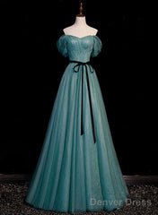 Green Simple Sweetheart Off Shoulder Long Party Dress, Green Tulle Evening Dress