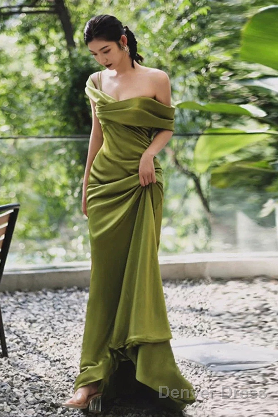 Green Soft Satin Off Shoulder Long Party Dress, Green Satin Evening Dress Prom Dress