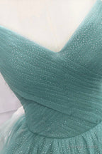 Green Spaghetti Strap Long Prom Dress, Green V Neck Tulle Prom Dresses