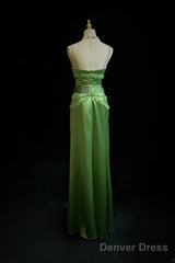 Green Spaghetti Strap Sheath Satin Beaded Prom Dress Evening Gown