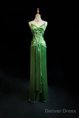 Green Spaghetti Strap Sheath Satin Beaded Prom Dress Evening Gown