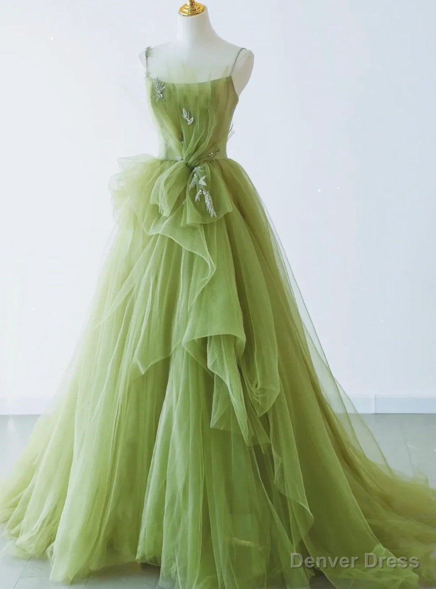 Green Spaghetti Strap Tulle Appliques Prom Dress Main image