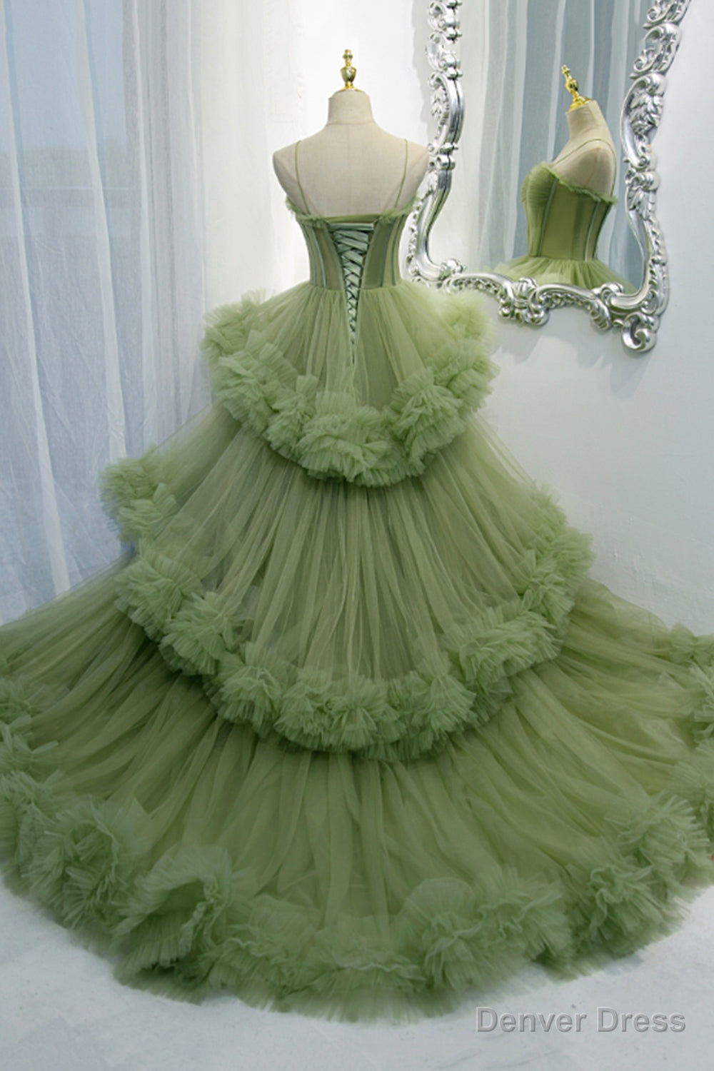Green Spaghetti Straps Tulle Layers Long Formal Dress, Green Evening Party Dress Main image