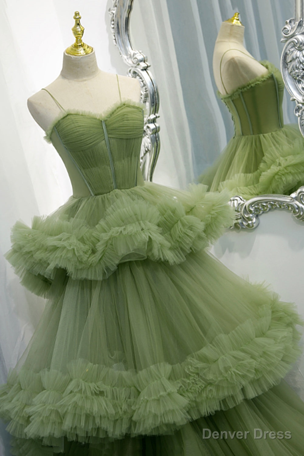 Green Spaghetti Straps Tulle Layers Long Formal Dress, Green Evening Party Dress Secondary image
