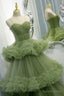 Green Spaghetti Straps Tulle Layers Long Formal Dress, Green Evening Party Dress