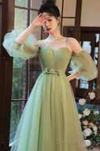Green Spaghetti Straps Tulle Party Dress, Green Sweetheart Long Prom Dress