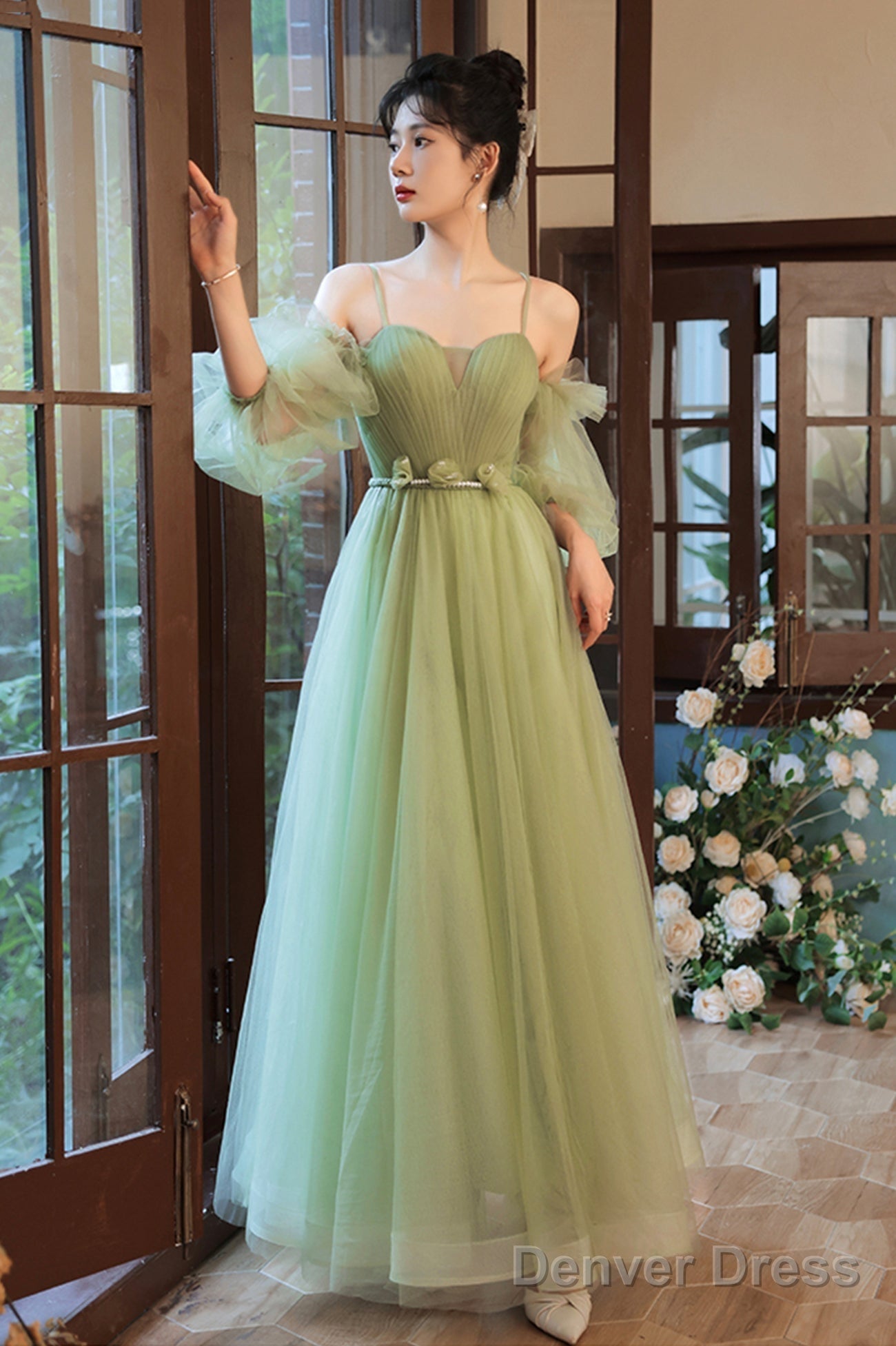 Green Spaghetti Straps Tulle Party Dress, Green Sweetheart Long Prom Dress Main image