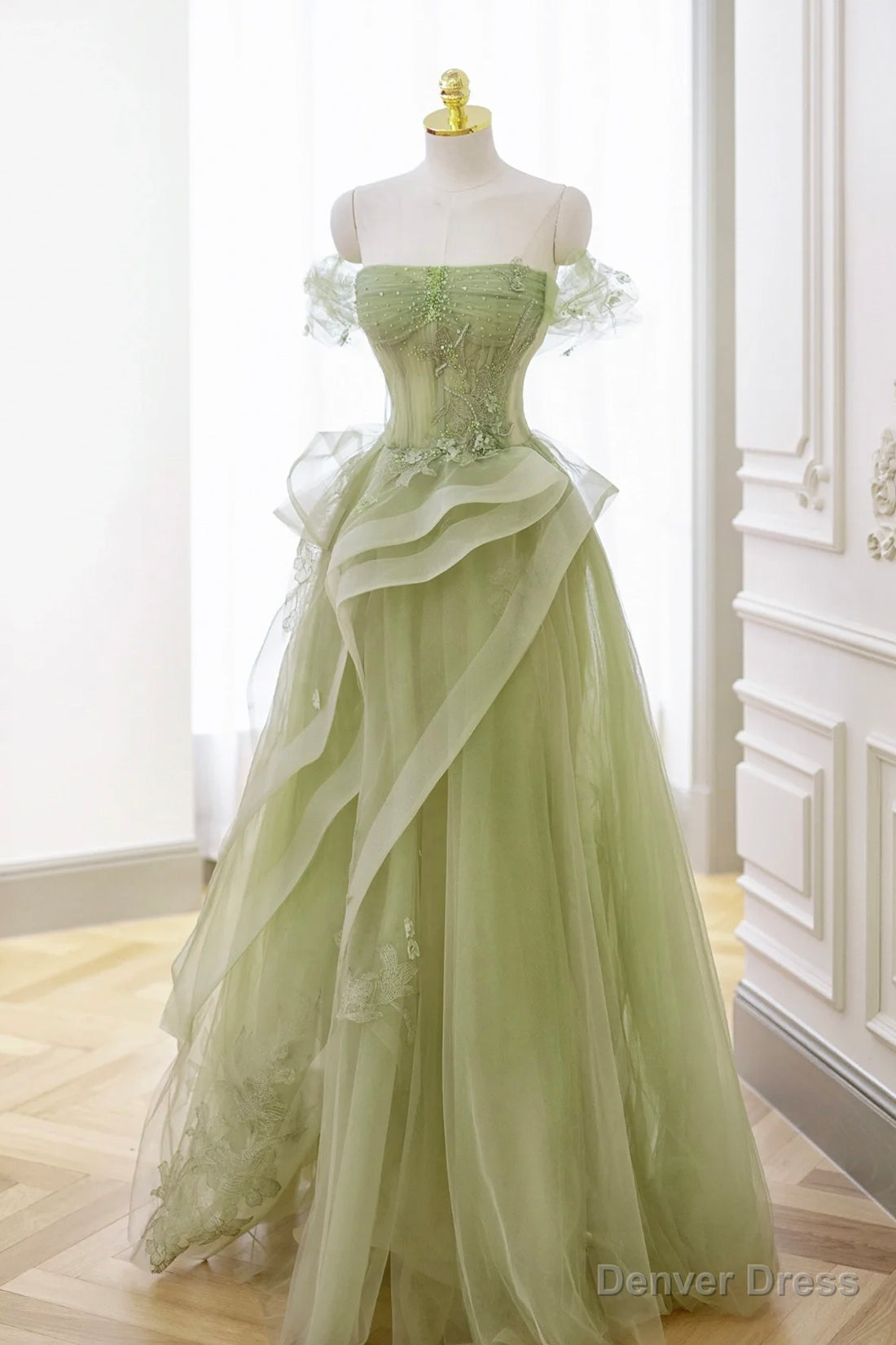 Green Strapless Prom Dress Off the Shoulder A Line Lace Printed Dress
