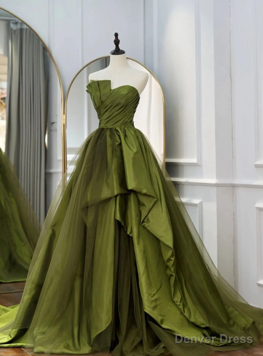 Green Strapless Satin Pleats Prom Dress Main image