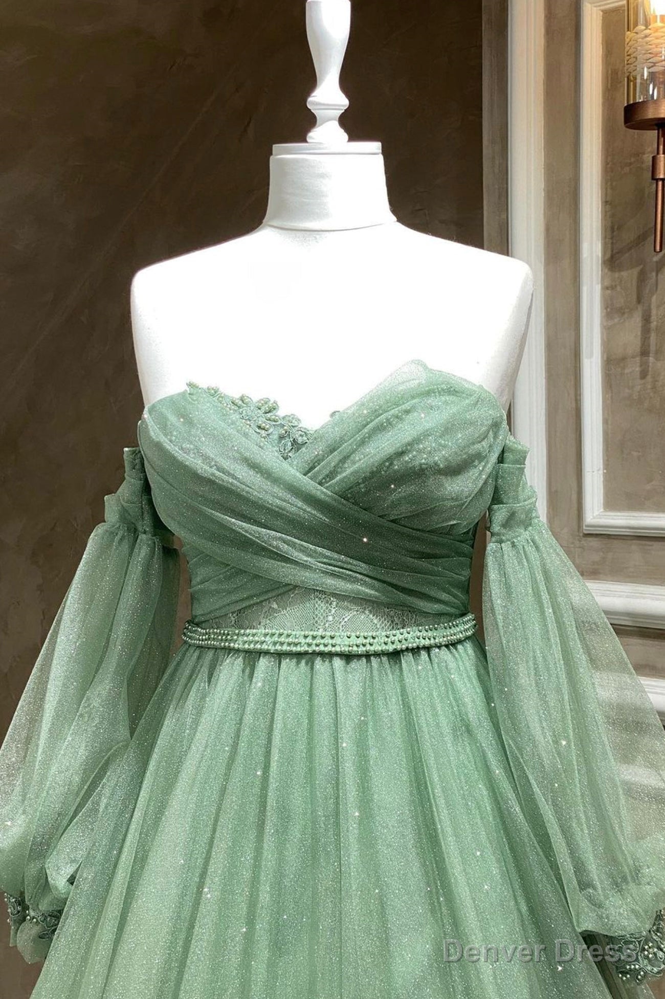 Green Strapless Tulle Long Sleeve Prom Dress, Green A Line Prom Dresses