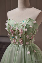 Green Strapless Tulle Short Prom Dress with Lace, Green Prom Dresses