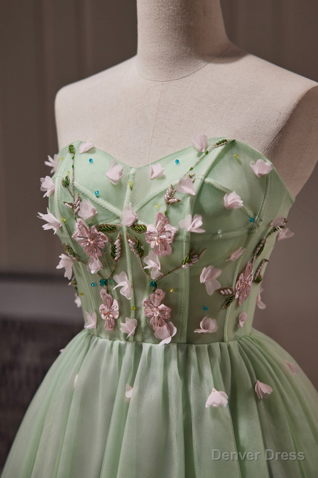 Green Strapless Tulle Short Prom Dress with Lace, Green Prom Dresses