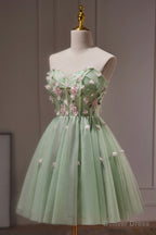 Green Strapless Tulle Short Prom Dress with Lace, Green Prom Dresses