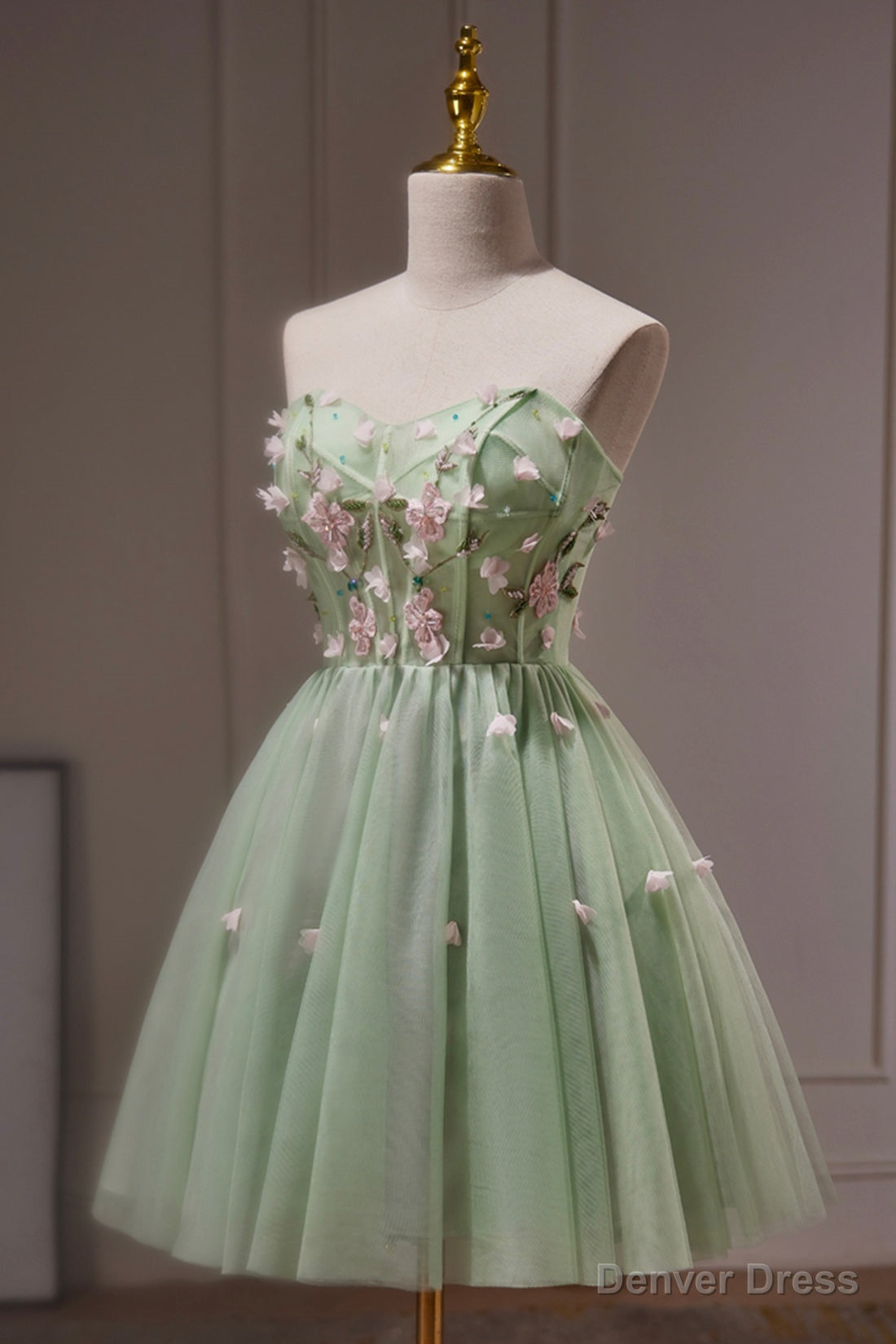 Green Strapless Tulle Short Prom Dress with Lace, Green Prom Dresses