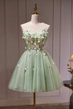Green Strapless Tulle Short Prom Dress with Lace, Green Prom Dresses