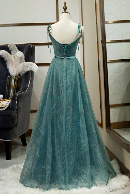 Green Straps V-neckline Floor Length Party Dress, Simple Junior Prom Dresses