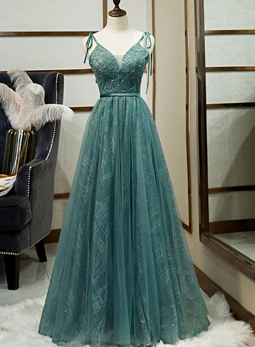 Green Straps V-neckline Floor Length Party Dress, Simple Junior Prom Dresses Main image