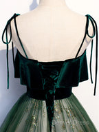 Green Straps Velvet Long Lace Prom Dresses