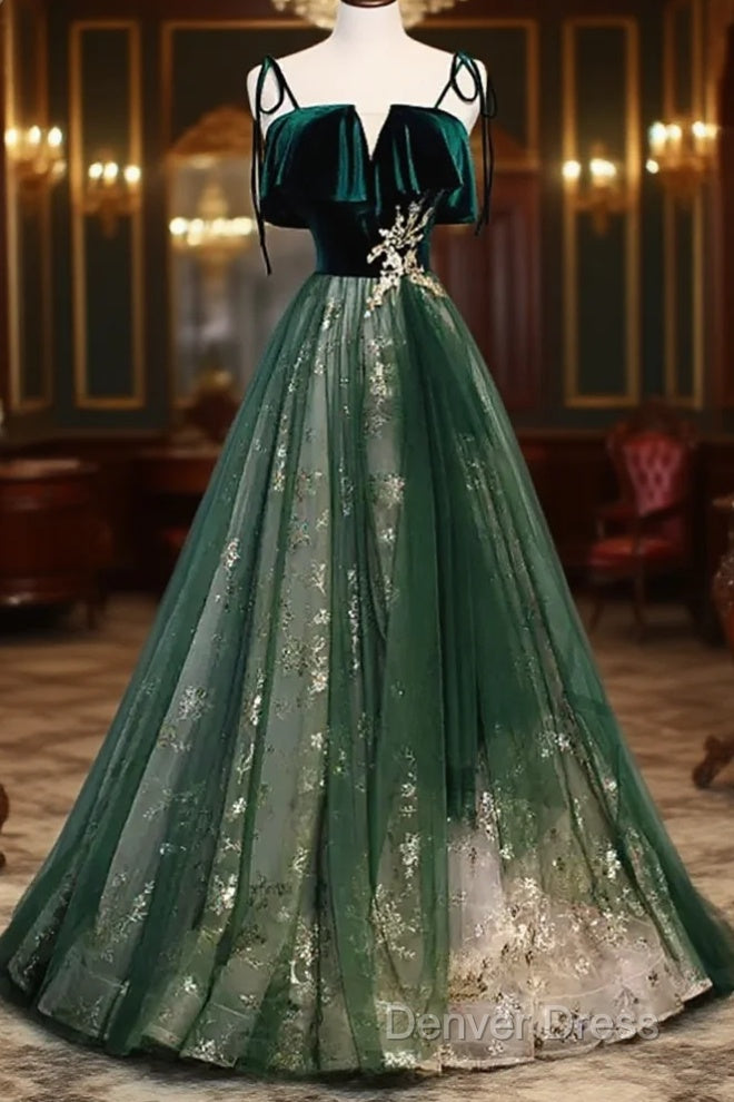 Green Straps Velvet Long Lace Prom Dresses Main image