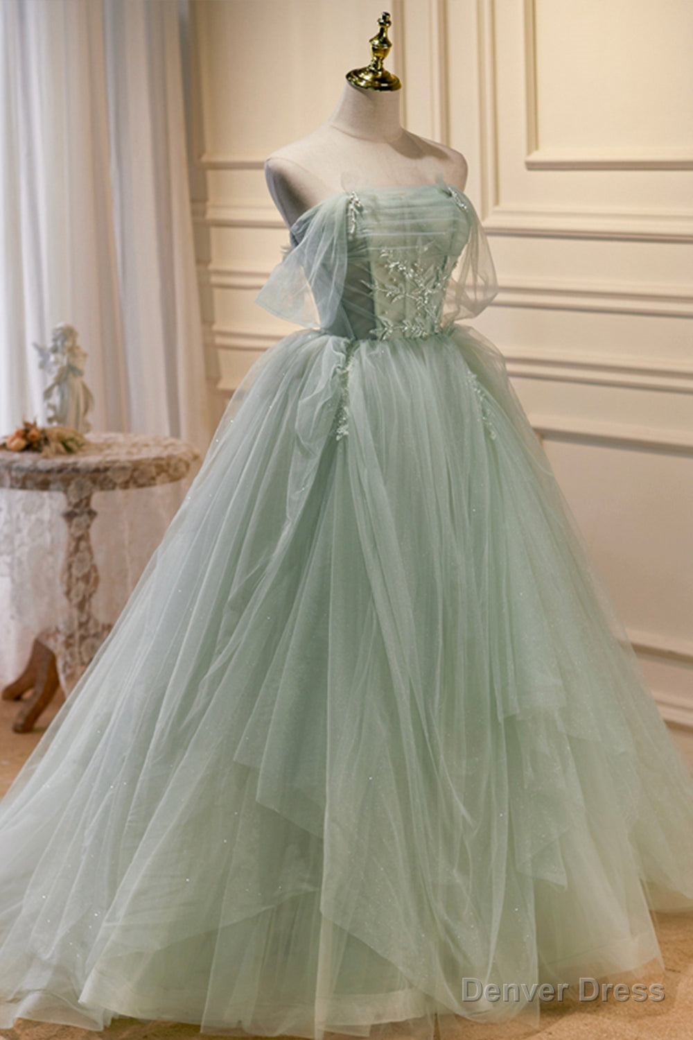 Green Sweetheart Beaded Tulle Long Prom Dress, Green Evening Dress Main image